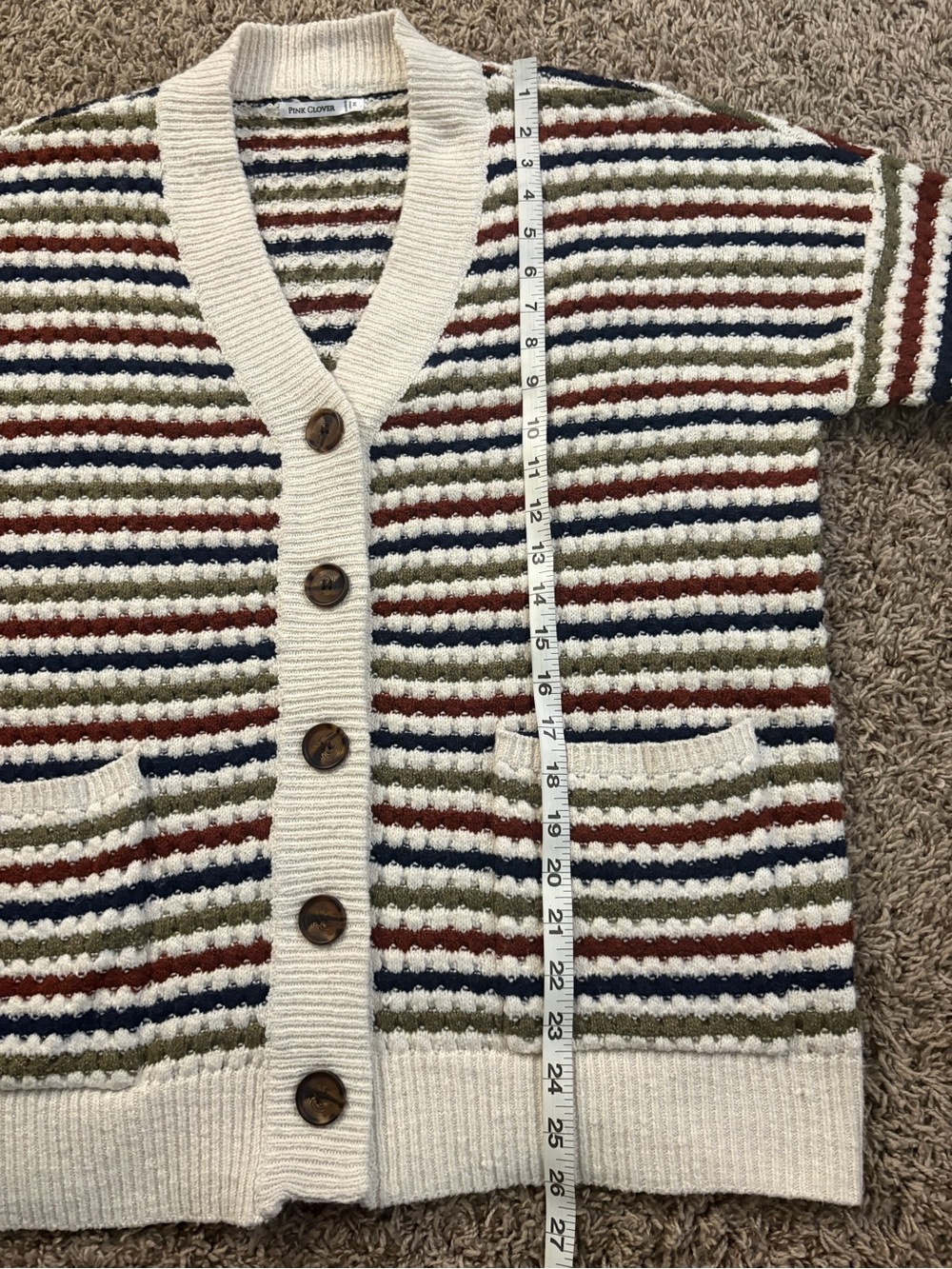 Pink Clover Cream Striped Button-Front Cardigan with Navy, Olive & Rust - Picture 5 of 10